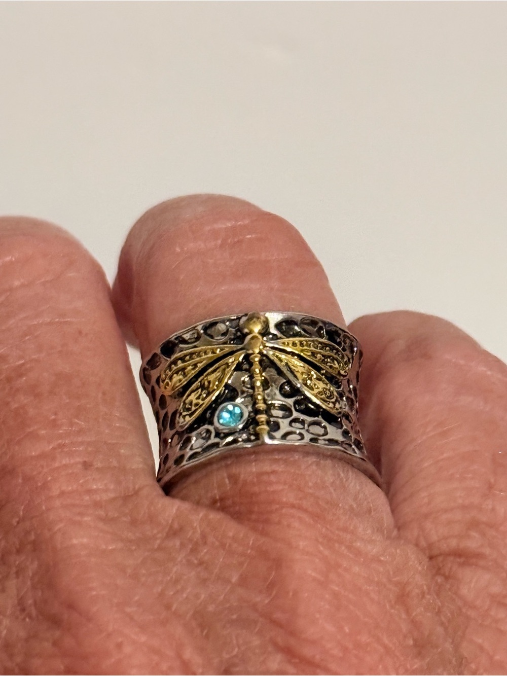 Gold & Silver Dragonfly Accent Ring with Blue Stone - Women's Jewelry - Size 9